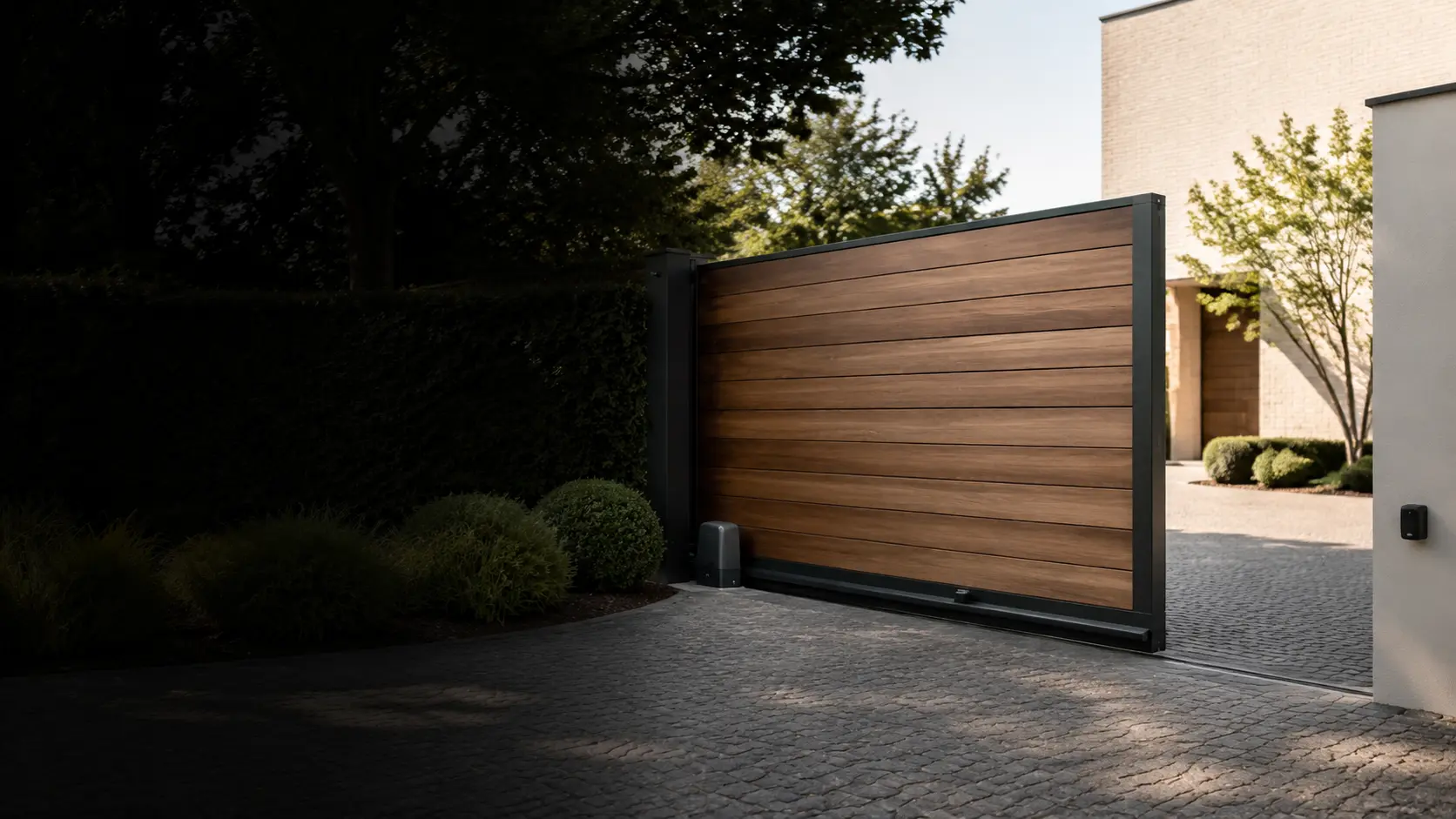 Moderne automatische houten schuifpoort bij een woning