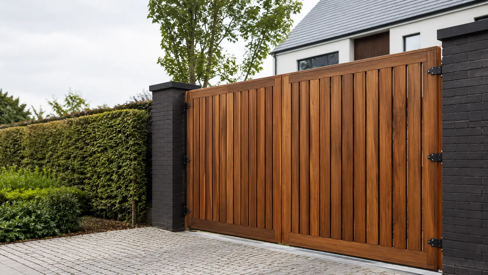 Dubbele hardhouten opritpoort op maat bij een moderne woning