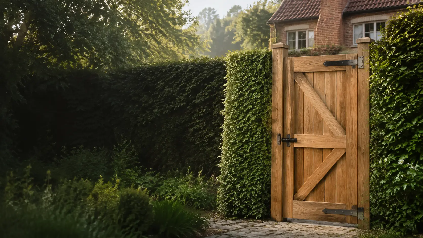 Houten tuinpoort tussen hagen bij een Belgische woning